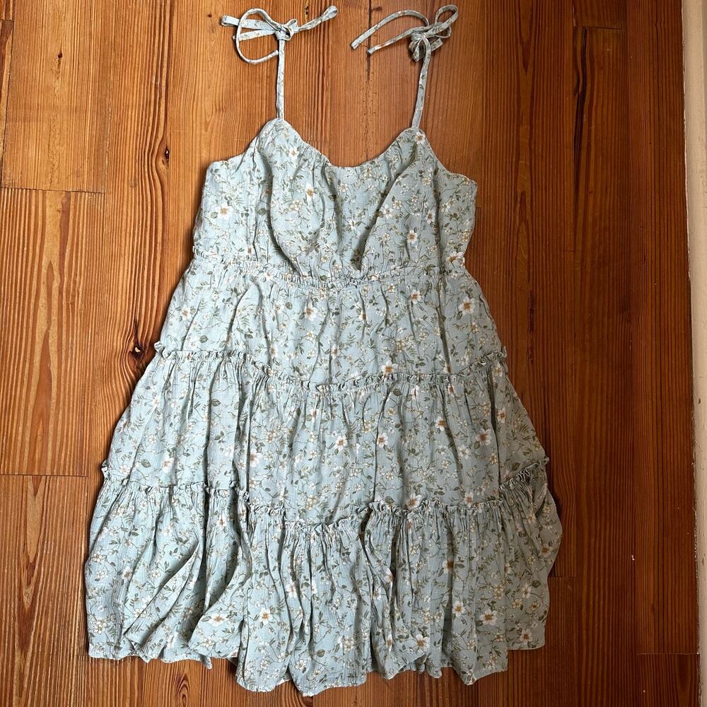 E & M green floral ruffle tiered midi dress‎ SIZE L